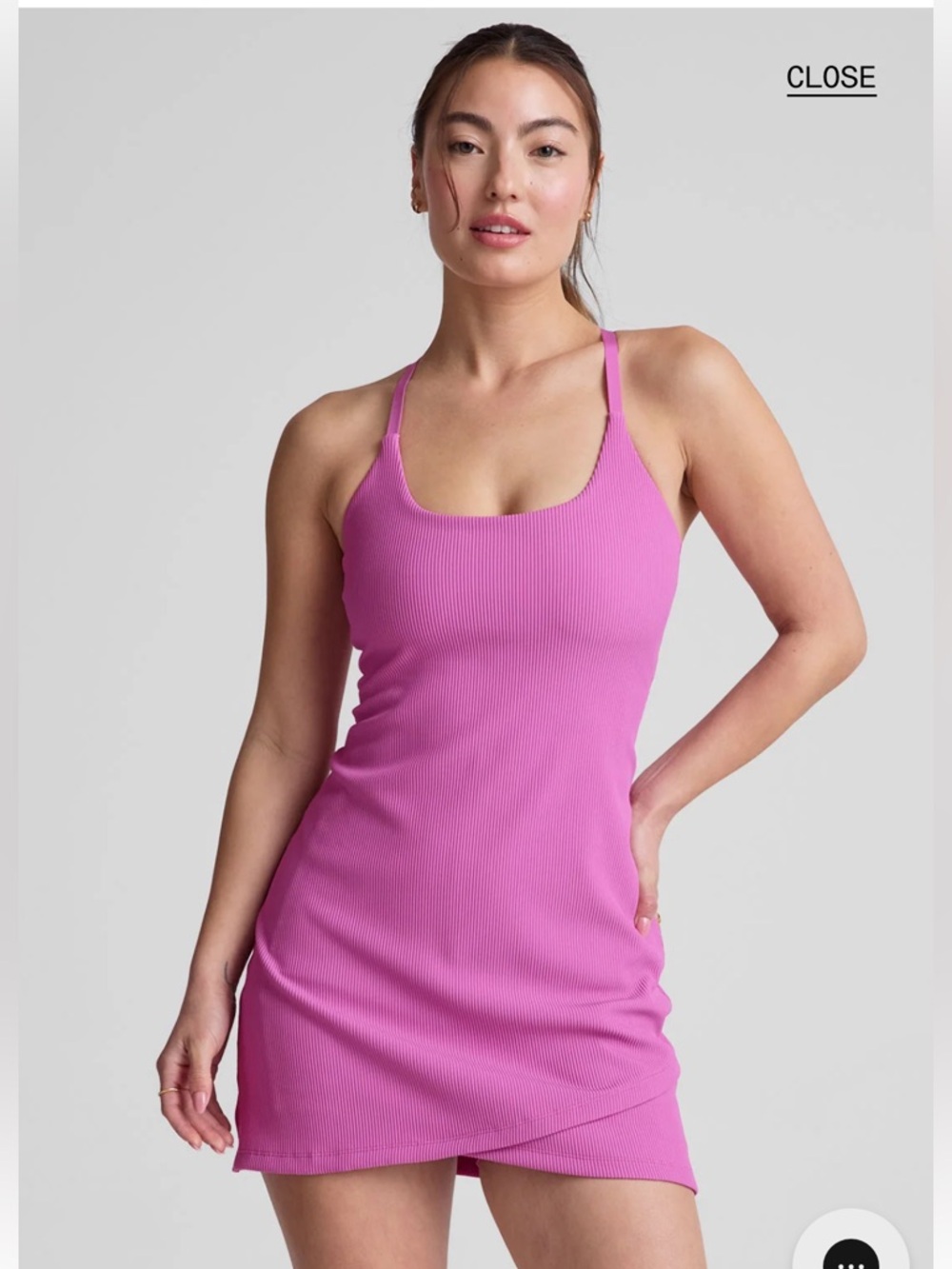 NWOT BEYOND YOGA THE LINED MINI DRESS SMALL SUNSET VIOLET RIBBED TENNIS PINK